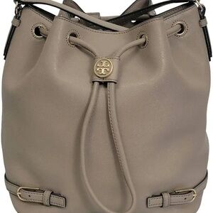 Tory Burch Taupe Leather Drawstring Bucket Shoulder Bag